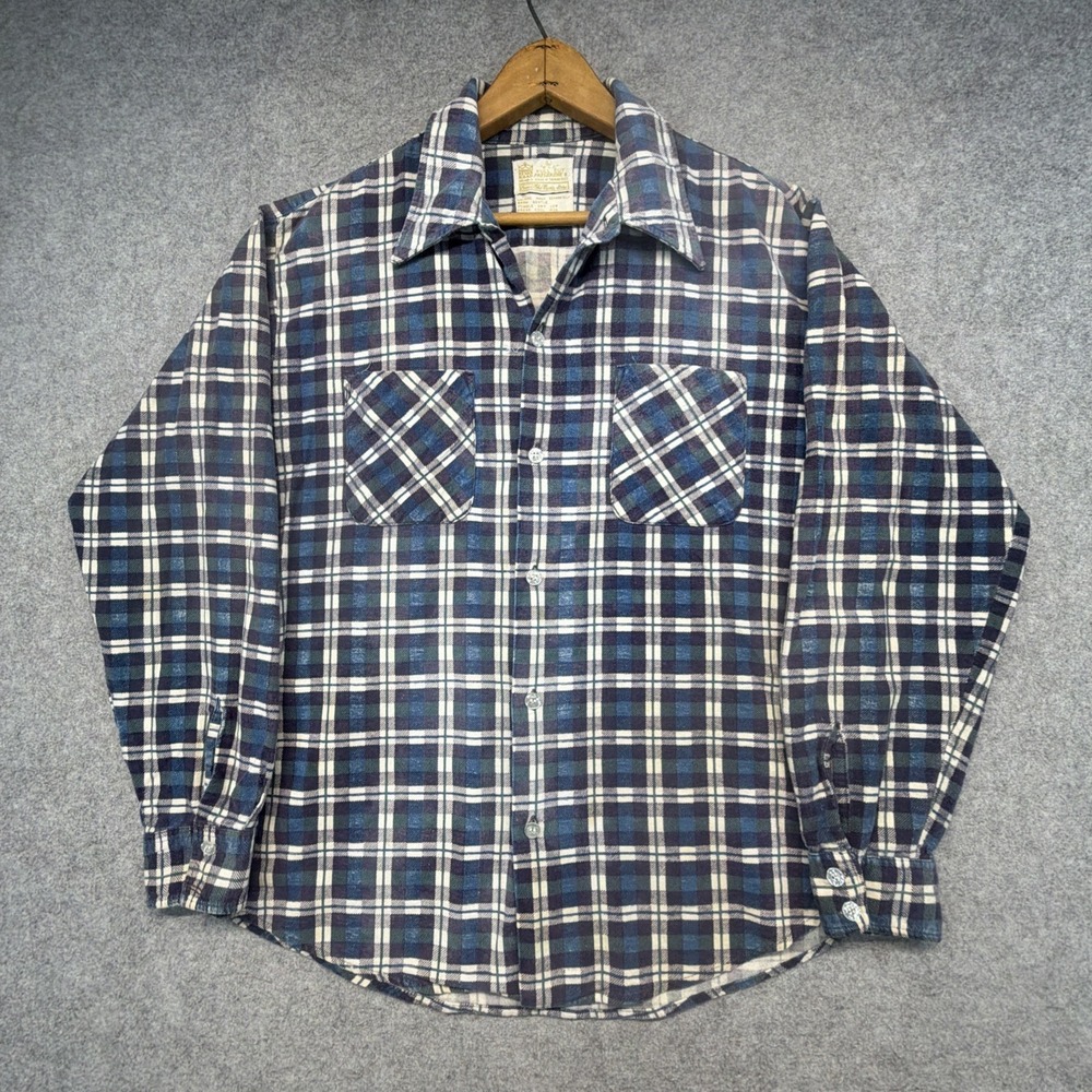 Vintage Kings Road Flannel Shirt Large Plaid Cotton Pocket Blue 70s
